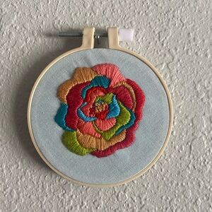 New Hand Embroidery Bright Rose Floral Finished Hoop Art Original Design